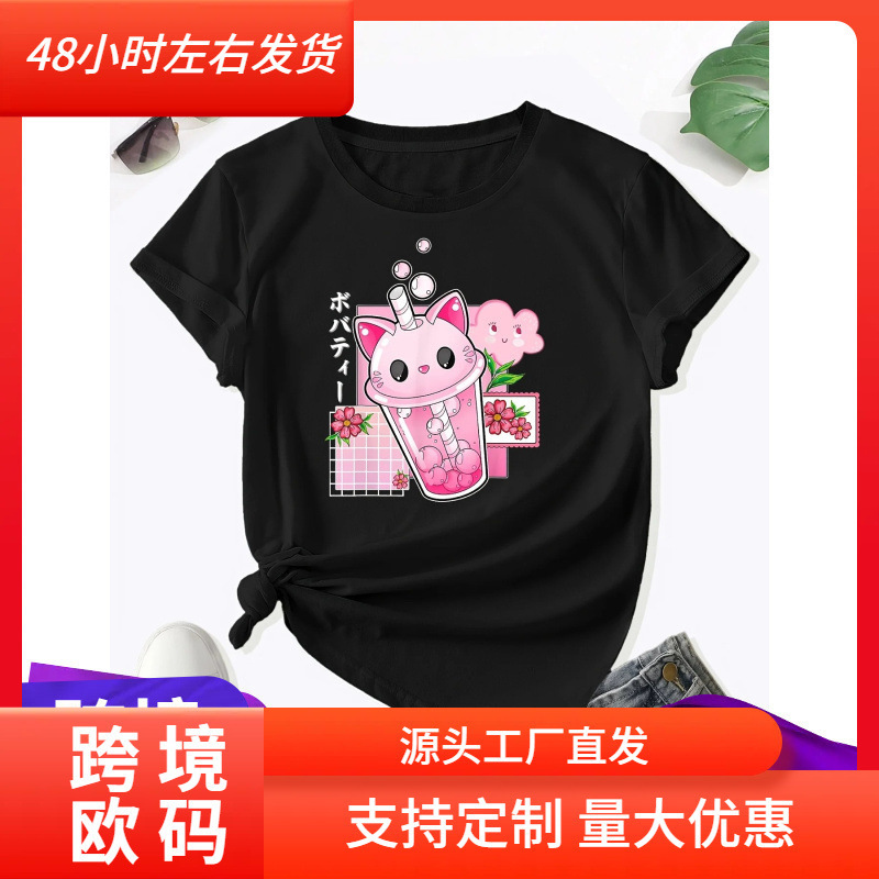 Boba Tea Cat Bubble Print T-Shirt Cute Spring Summer Short Sleeve Round Neck T-Shirt Women's Graphic T-Shirt Y2K