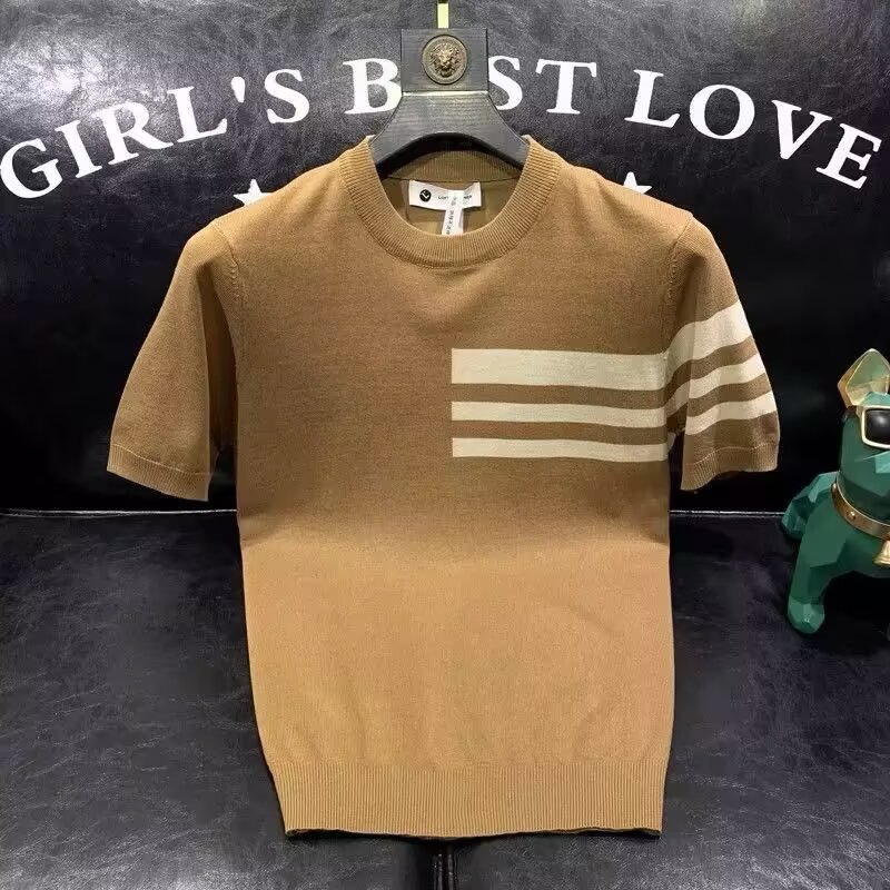 Herren Kurzarm Strickpullover Slim Fit Gestreift Business Casual_voghion.com