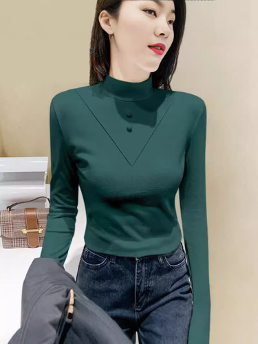 1*1 ribbed double-sided plush half-neck women's long-sleeved top autumn and winter slim fit inner layer velvety warm sweater