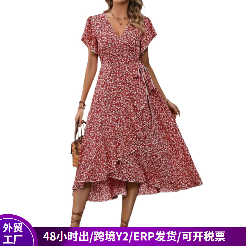 Cross-Border Hot-Selling New Dress with a High-End Feel, Elegant V-Neck, Belted Wrap Dress, European and American Floral Long Dress