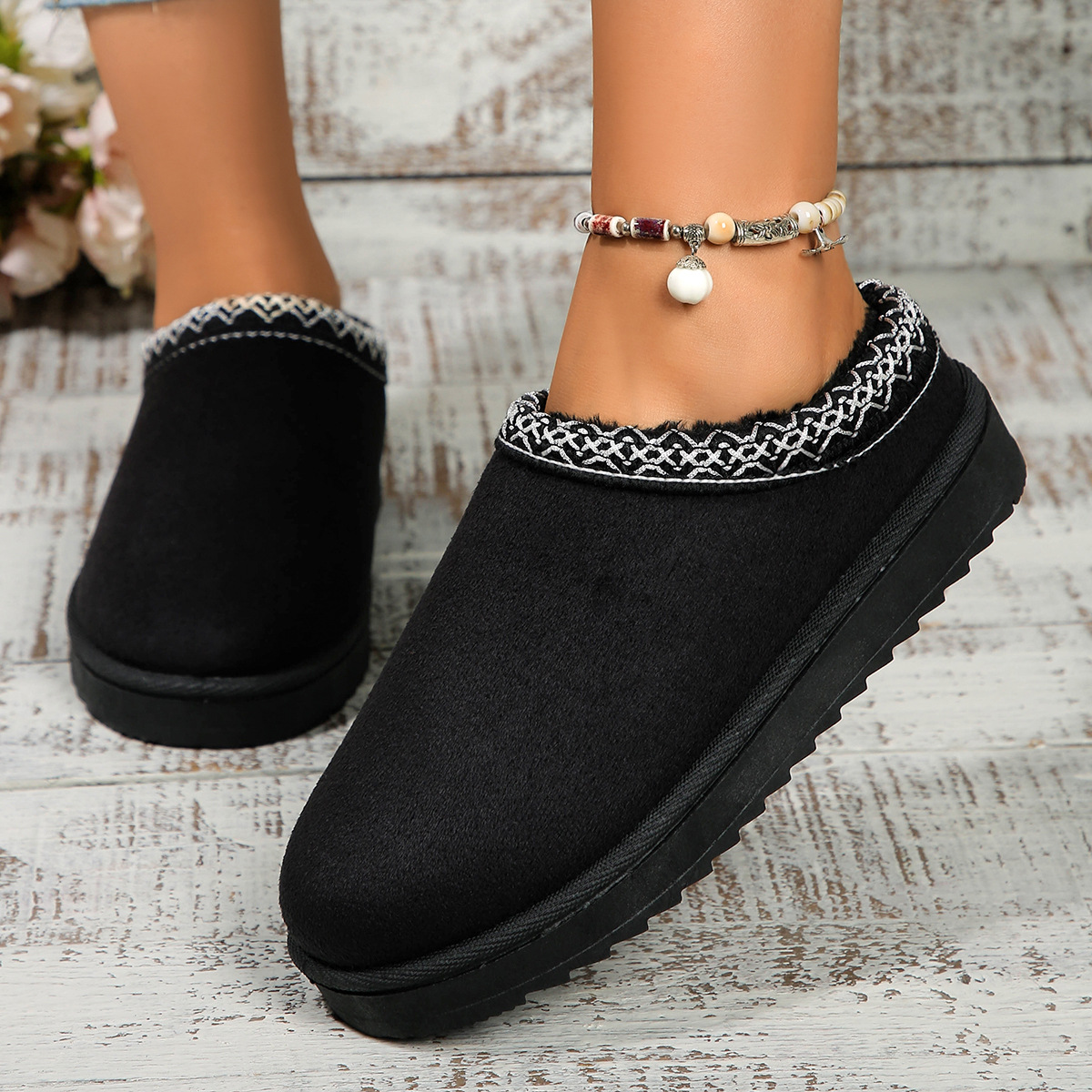 Lace ethnic fashion snow boots women's shoes semi-drag cotton shoes autumn and winter indoor outdoor_viptrois.com
