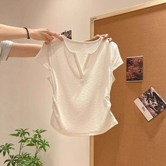 Pure Desire ホワイトショルダー半袖 Tシャツ女性用夏露出鎖骨小さなフライングスリーブプリーツウエストショートスリム V ネックトップ