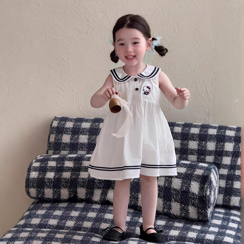 [Ready Stock] Girls Dress 2025 Summer Girls Infant Baby Girl Kt College Style Sleeveless Dress