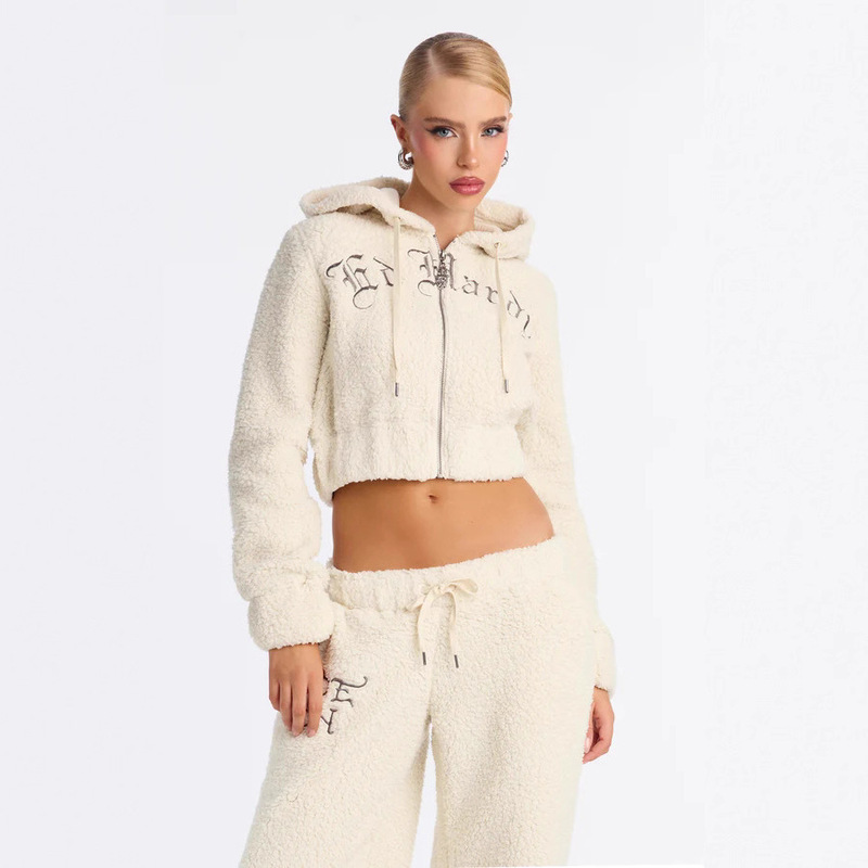 Cross-Border Amazon European and American Women's Clothing Solid Color Casual Fashion Bubble Velvet Winter Long Embroidered Suit