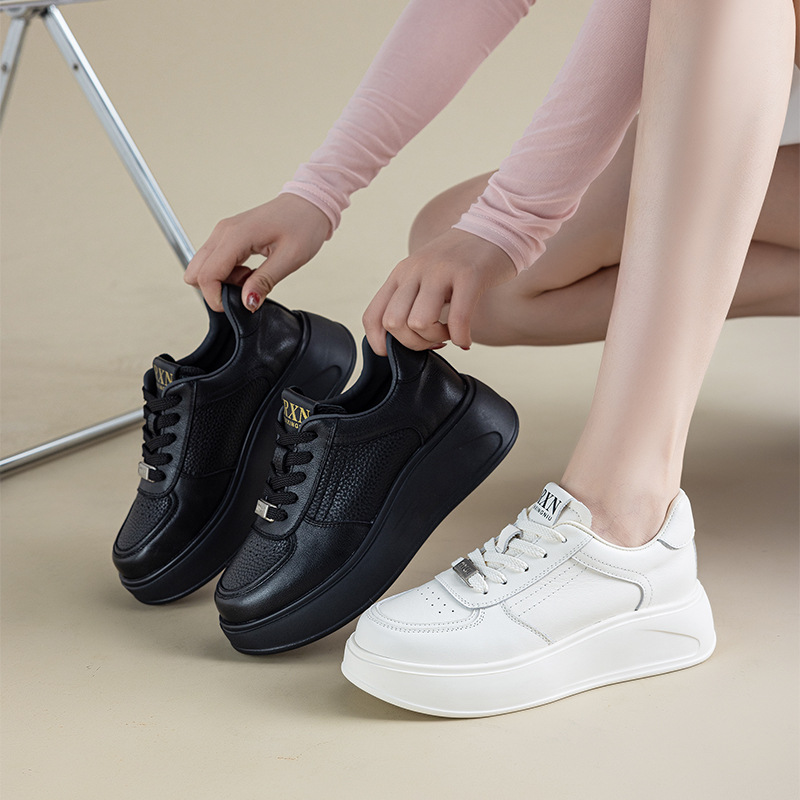 Genuine Leather White Shoes for Women 2026 New Spring and Autumn Versatile Thick-Soled Height-Increasing Single Shoes Soft-Soled Lightweight Sports Casual Sneakers