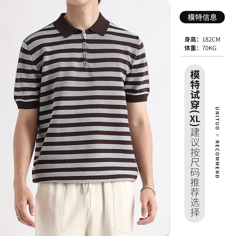 Hombres viejos tiendas de hielo polo camiseta de manga corta hombre verano alto sentido de negocios camiseta a rayas con collar para hombre