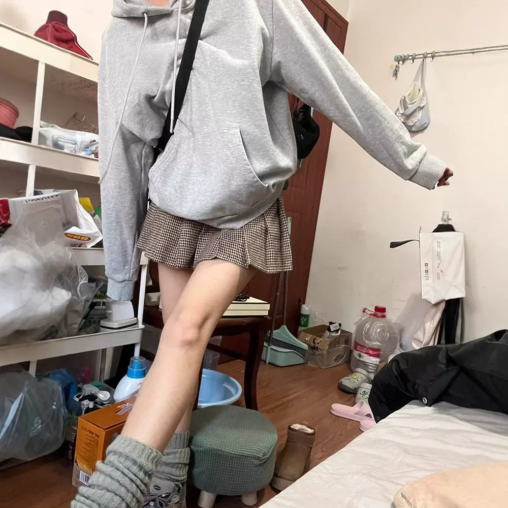 灰色卫衣女秋冬款春秋连帽重磅加绒加厚新款冬季正肩即墨小个子冬