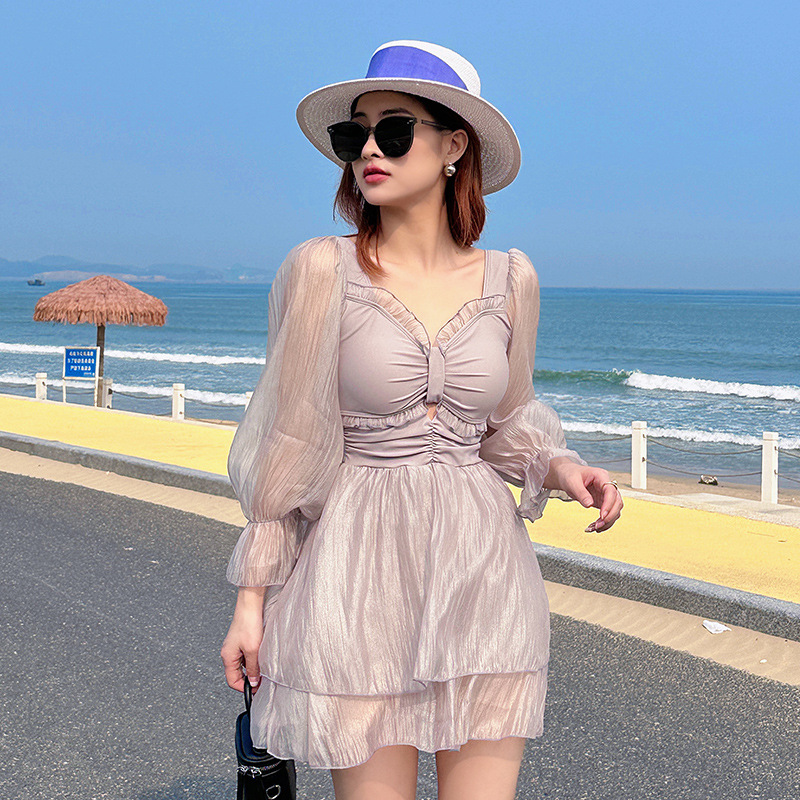 夏季V領泡泡袖連體運動泳衣女 跨境顯瘦遮肚大碼游泳衣防曬泳衣女