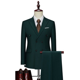 Men's Business Casual Suit Double-Breasted Suit Suit Pure Color Dark Green Xz103-288 Suit-