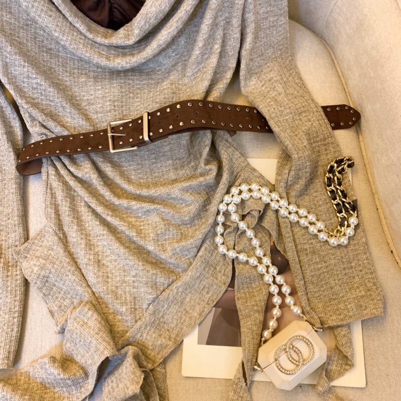 秋季新款绝美荡领设计感纯色针织背心宽松慵懒上衣套装配腰带|undefined