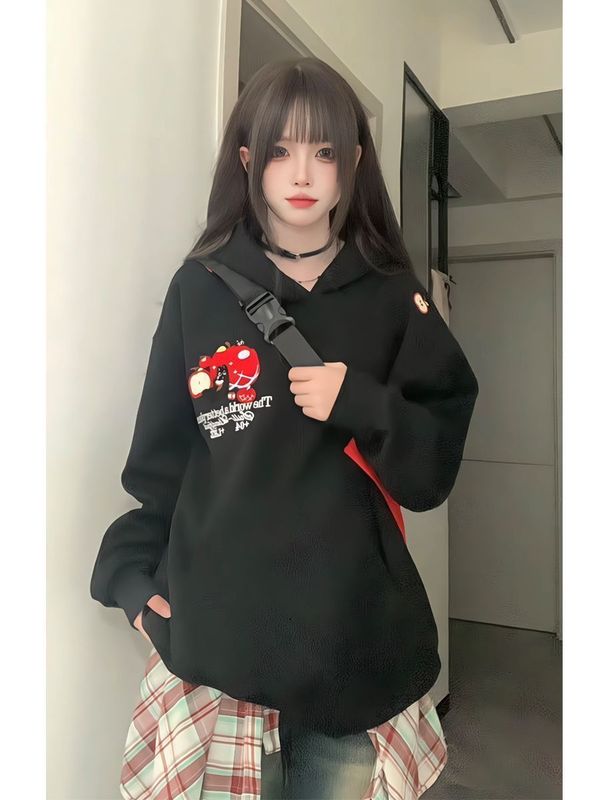 苹果小猫刺绣连帽卫衣女2025夏季新款美式重工纯棉国潮牌显瘦上衣|undefined