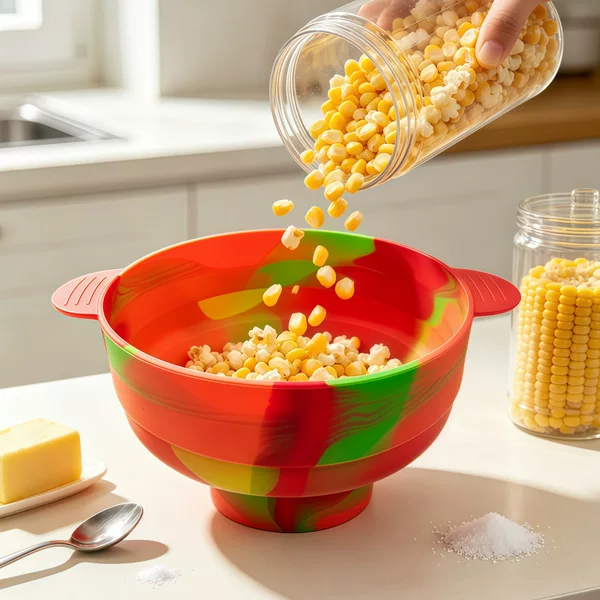 Food-grade silicone popcorn bowl with lid, foldable, microwave-safe baking bowl, high-temperature resistant, large size for home use