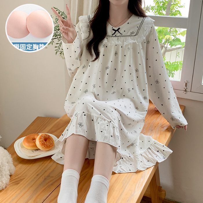Pijamas transfronterizos de otoño de mujeres con cojín de pecho nubes de algodón pijama de manga larga princesa de viento de flores frágil ropa para el hogar se puede usar fuera