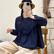 波点长袖衬衫女秋新款韩版木耳边圆领宽松显瘦休闲波点衬衣