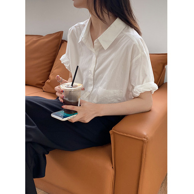 木兰 夏季新款衬衣女简韩风外穿宽松短袖衬衫女通勤纯棉上衣22022