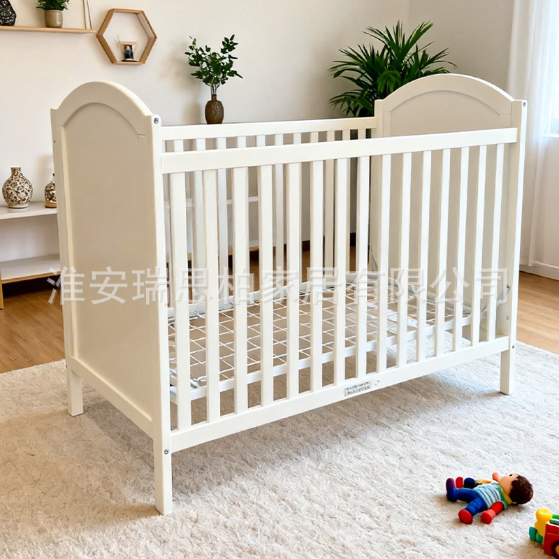 Baby Crib with Solid Wood, Adjustable Height, Metal Bed Frame, Full Guardrail, Newborn Baby Bed, Splicing Bed, Factory Wholesale