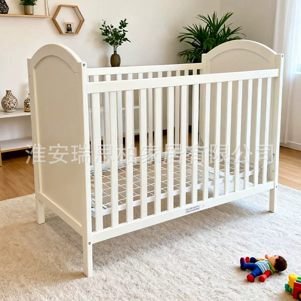 Baby Crib with Solid Wood, Adjustable Height, Metal Bed Frame, Full Guardrail, Newborn Baby Bed, Splicing Bed, Factory Wholesale