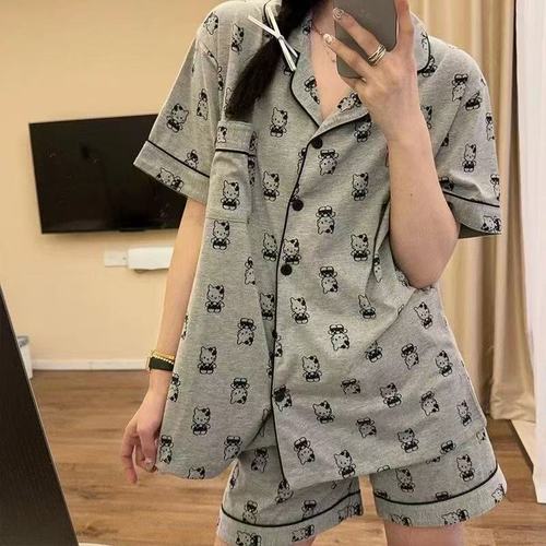 Ji Kawau Saqi pajamas for women in spring and summer cardigan short-sleeved student loose large-size summer Xiaoba home clothes