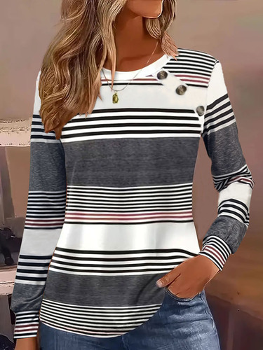 European and American cross-border foreign trade women's clothing best-selling independent website Shein Amazon Temu casual button striped long-sleeved T-shirt