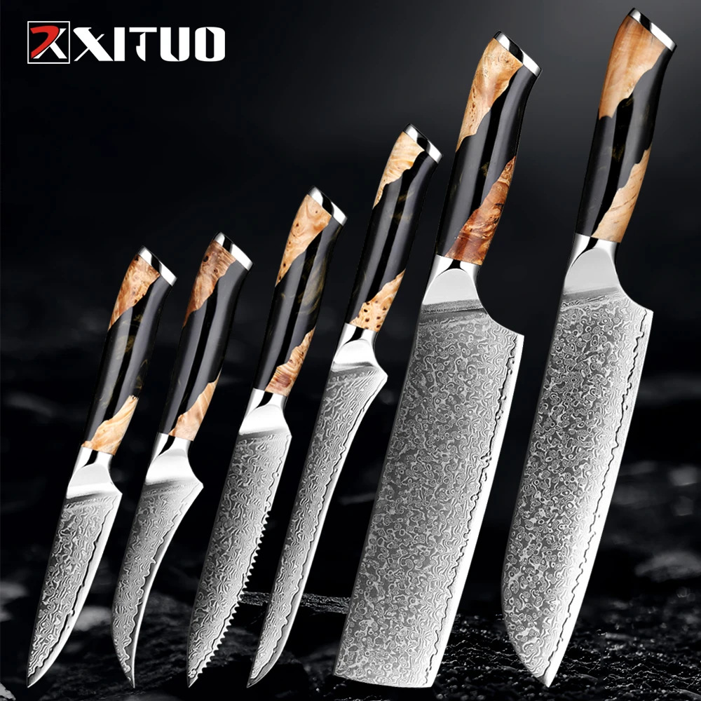 Damascus Black Resin Handle Japanese-Style Kitchen Knife Set, Chef's Special Slicing Knife, Household Sharp Fruit Knife, Kitchen Knife