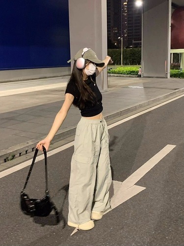 American-style parachute work pants for women, summer Hong Kong style loose drawstring wide-leg bootcut pants #2133