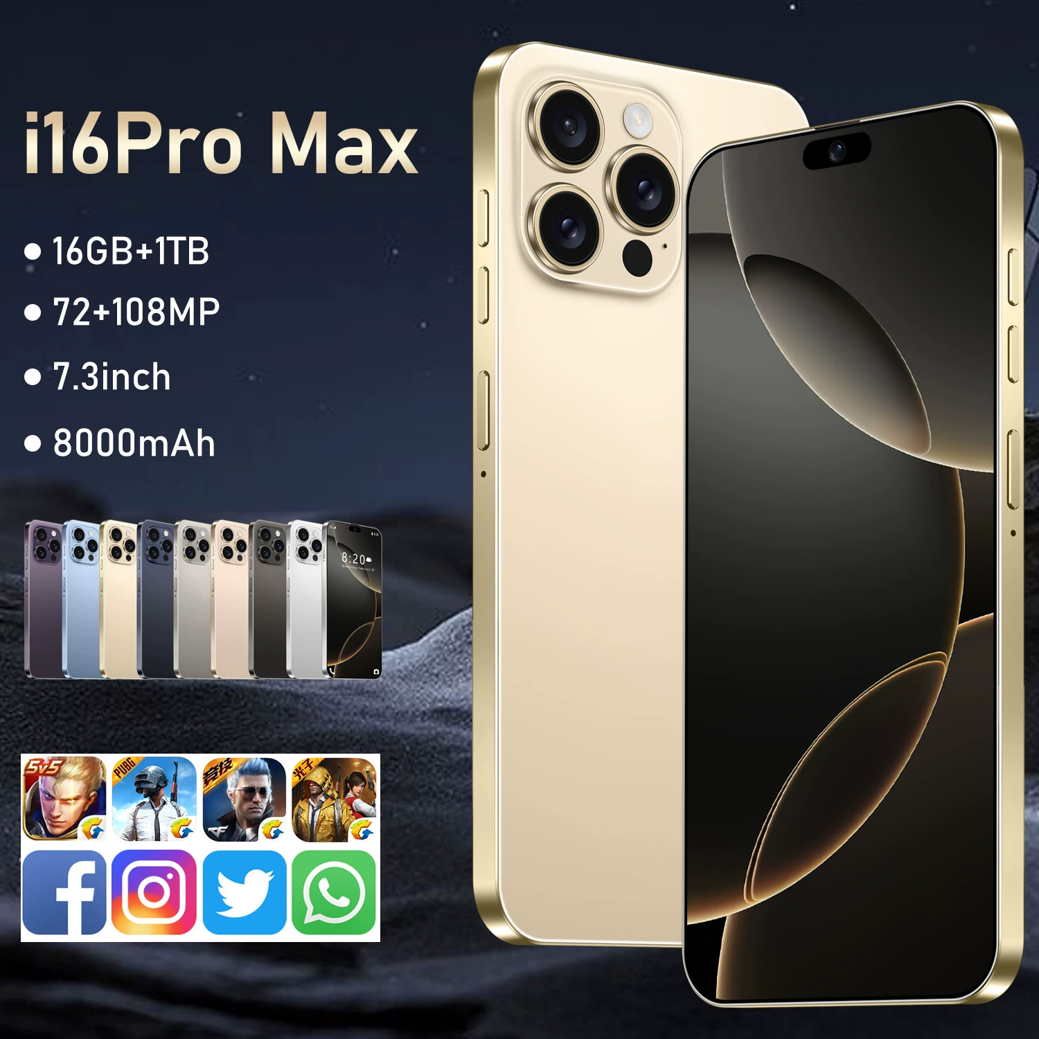Smartphone i16 Pro Max, intel core i16, 16 GB RAM, 7.3" wide screen, Android 13