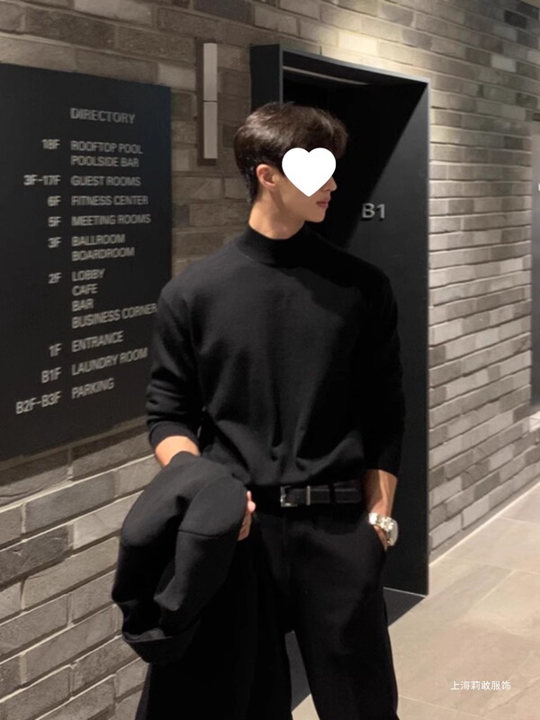 Derong Half Turtleneck Bottoming Shirt Men's Autumn and Winter Coat Suit Inner Top Black Mid-Collar Long-Sleeved T-Shirt