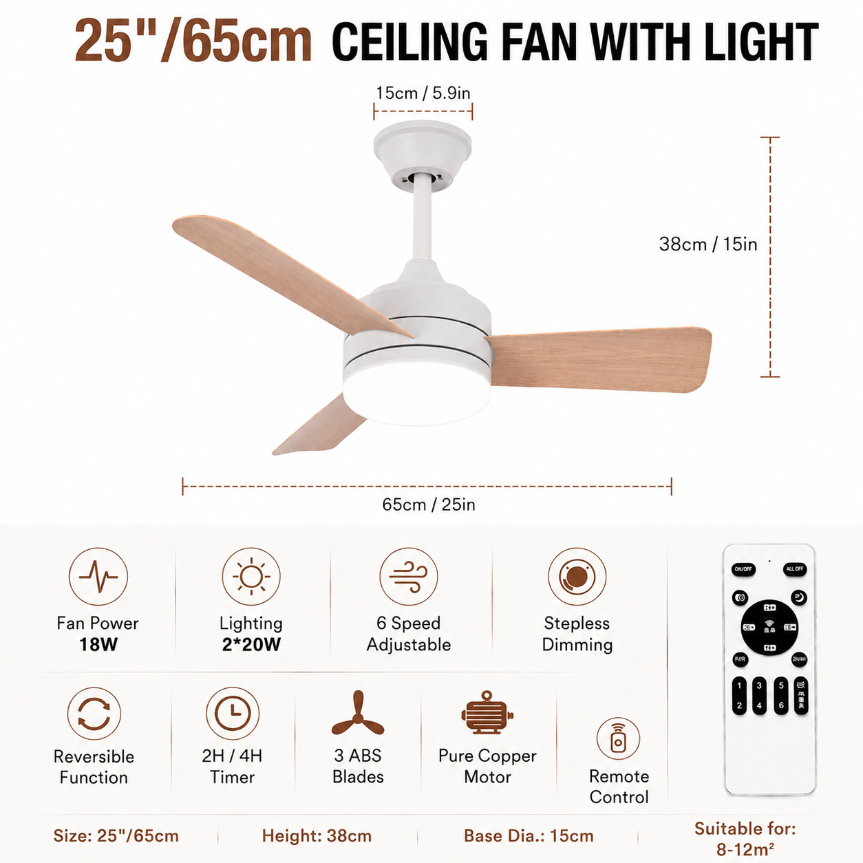Ventilador de Techo con Luz de PC y ABS con Control Remoto para Dormitorio y Restaurante