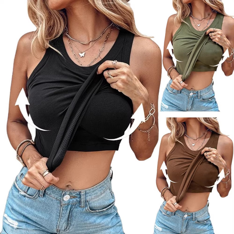 2024 Summer New European and American Style Solid Color Tank Top with Built-In Bra, Sexy Women's Versatile Inner and Outer Wear Top