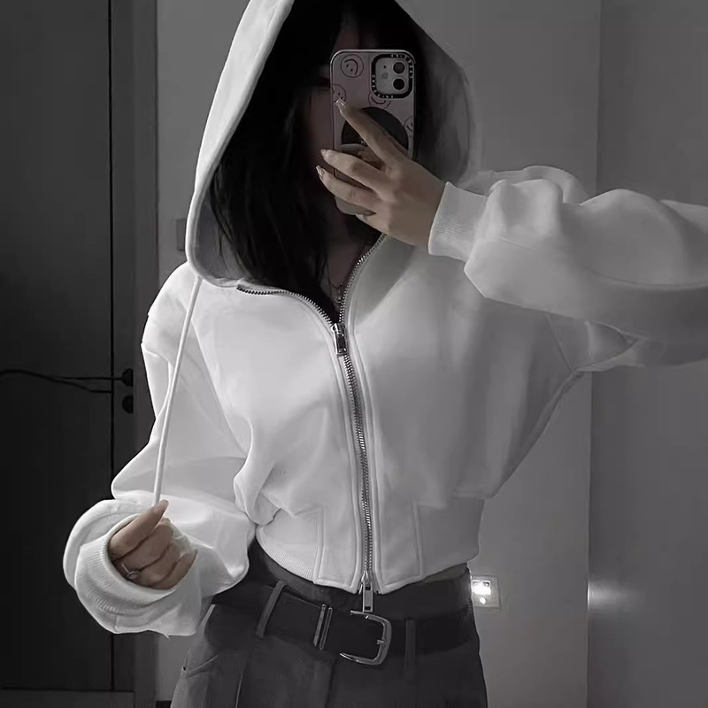 American-style Slim-fit Hooded Short Solid Color Sweatshirt Women's Spring and Autumn Clothes Elegant Waisted Thin Coat Street Sports Top American-style Slim-fit Hooded Short Solid Color Sweatshirt Women's Spring and Autumn Clothes Elegant Waisted Thin Coat Street Sports Top