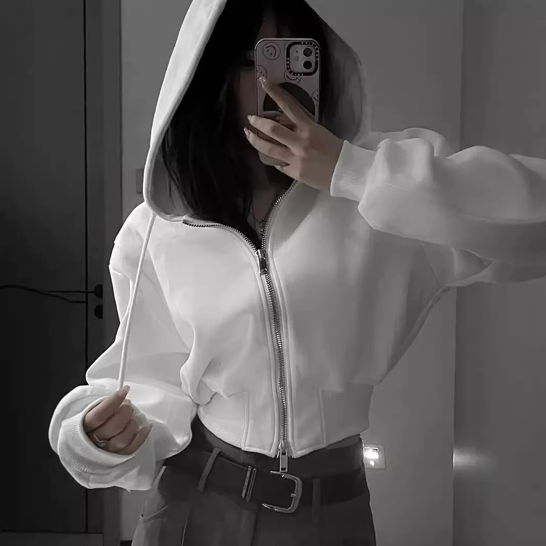 美式修身连帽短款纯色卫衣女春秋装气质收腰薄款外套街头运动上衣