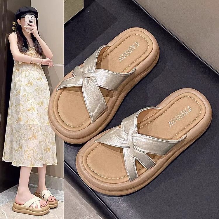 厚底沙滩拖鞋女鞋2025新款夏季外穿高级感凉拖鞋配裙子一字拖法式|undefined