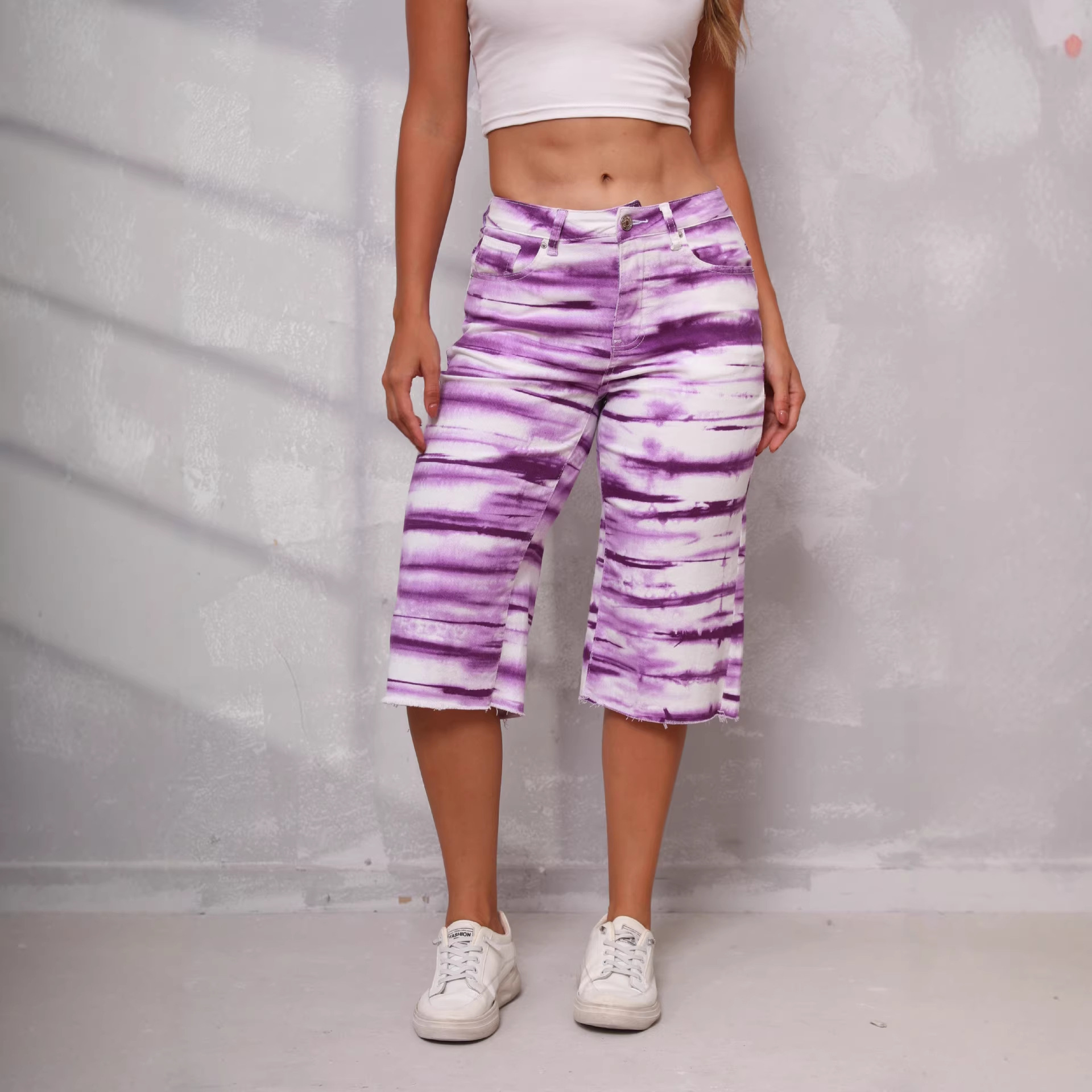 Pantalones Capri de Mezclilla con Flecos y Tie-Dye, Estilo Europeo y Americano, Nuevo Verano 2025, Disponibles en Amazon, Moda Simple para Mujer