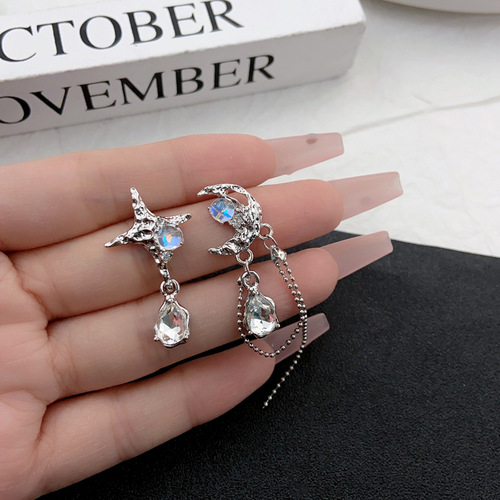 Moon Star Asymmetrical Long Tassel Earrings Women's Ins High-end Earrings Fashionable Temperament Versatile Earring Trend