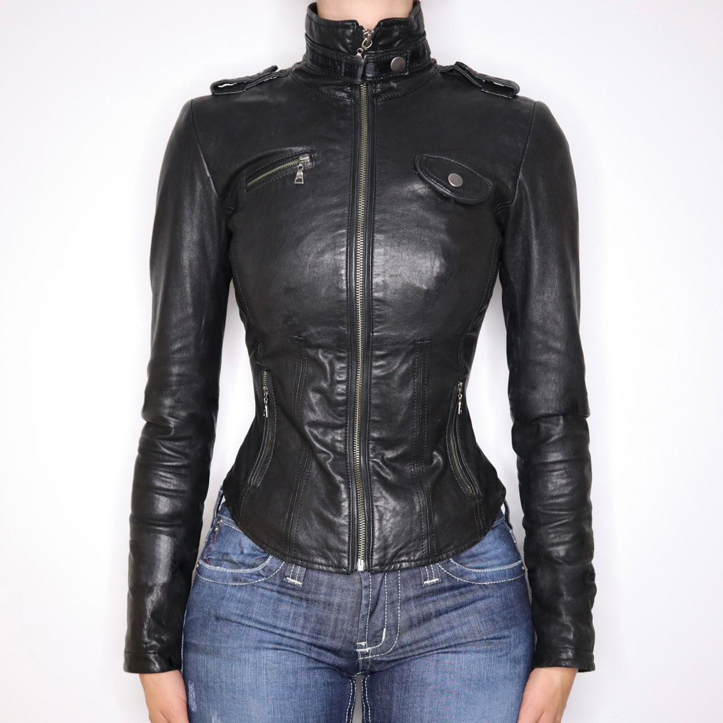2025 Winter New Cross-Border Women's Street Versatile Solid Color Pu Leather Stand Collar Waist Zipper Pocket Leather Jacket
