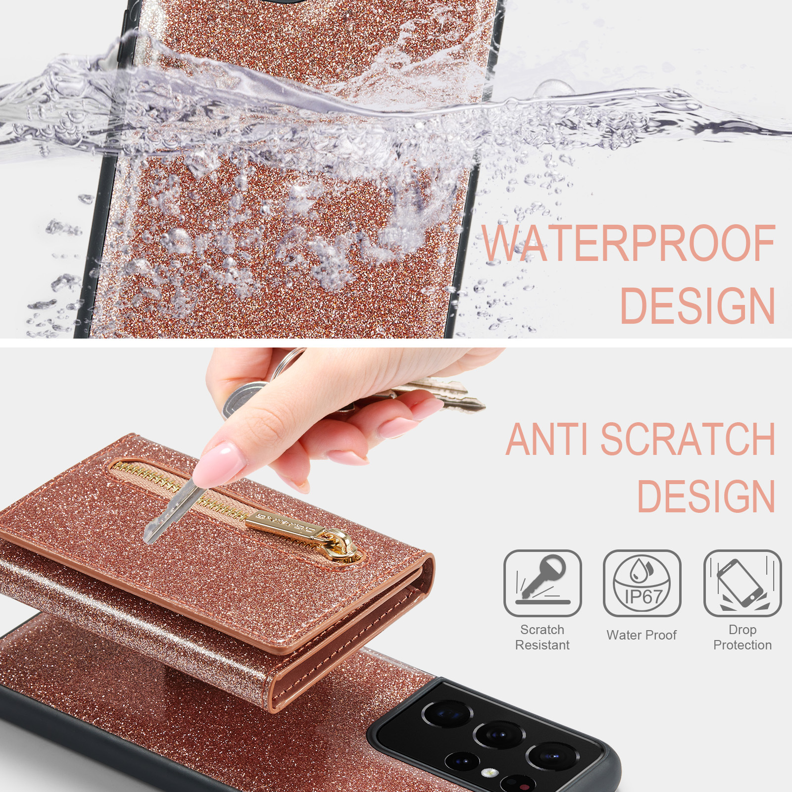 M3 per Samsung S21 Ultra 2 in 1 custodia in pelle glitterata con ventosa magnetica custodia per telefono diviso custodia protettiva portafoglio S21_voghion.com