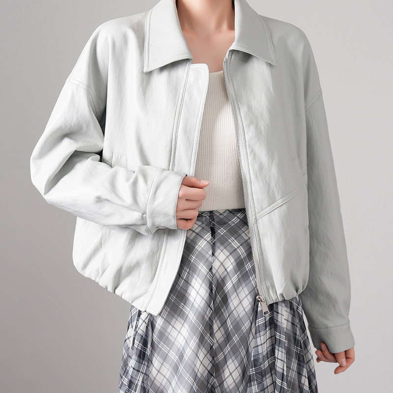26 Early Spring Blue Metallic Thread Pu Leather Fashionable Versatile Lapel Short Leather Jacket Slimming Coat 29088