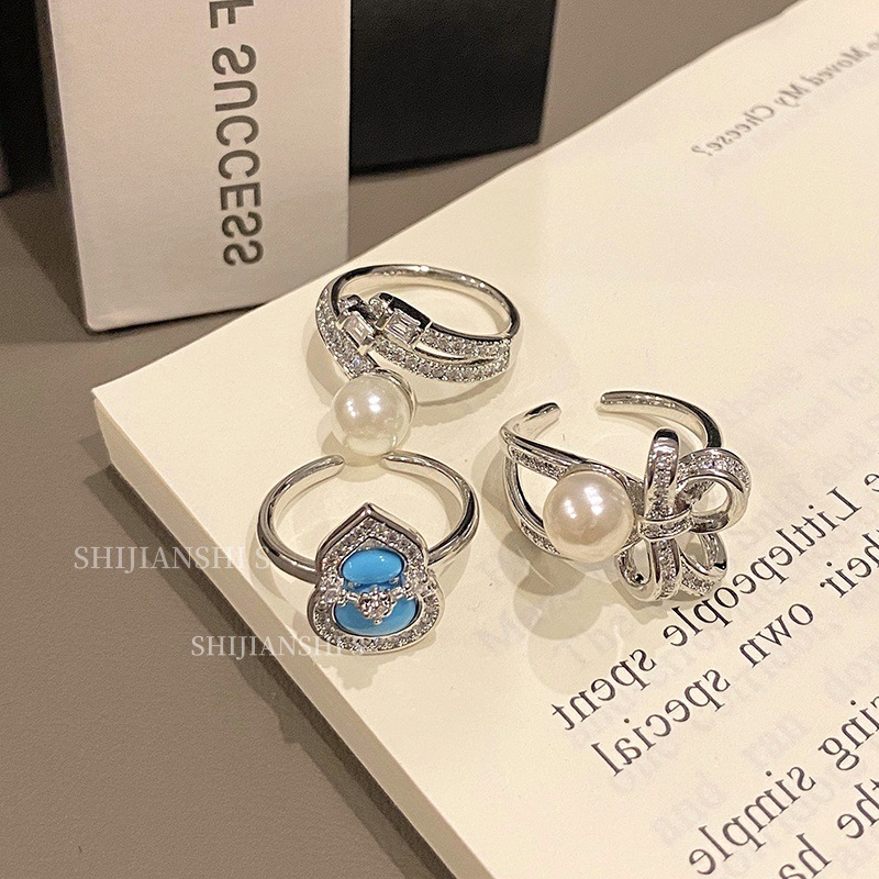 French-Style Bow Pearl Open Ring for Women, Simple Turquoise Gourd Minimalist Ring