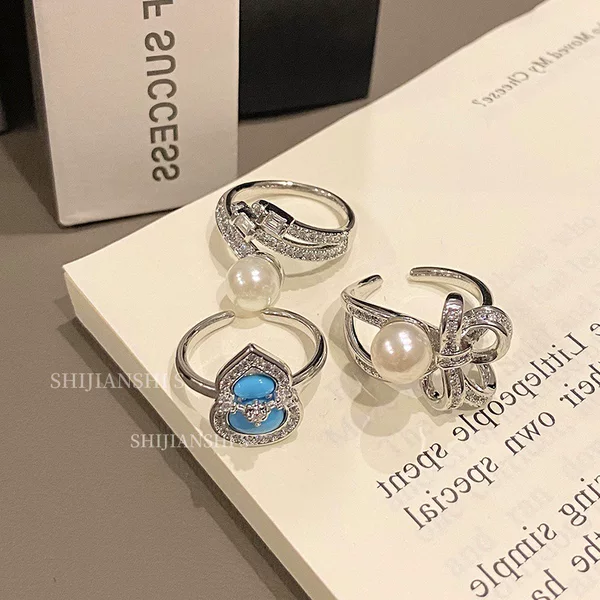 French-Style Bow Pearl Open Ring for Women, Simple Turquoise Gourd Minimalist Ring