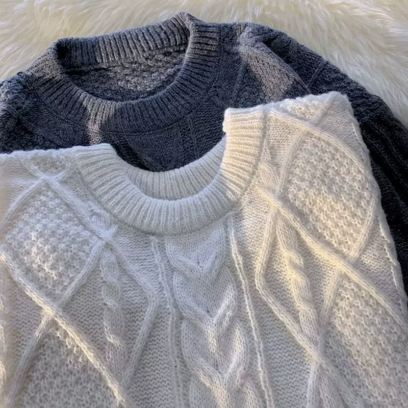 Оверсайз демисезонный шерстяной свитер, женский косы, M–XXL, серый/белый