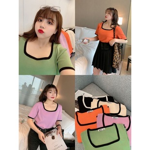 200 Jin Large Size Women's Summer New Western Style Square Neck Ice Silk Knitted Shirt Chubby Girl Korean All-match Loose Top