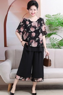 Plus-Size Summer Short-Sleeve Outfit for Middle-Aged and Elderly Women, Trendy Top and Grandma-Style T-Shirt