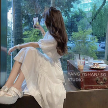 2024年新款韩版法式初恋网红气质白色长裙气质收腰泡泡袖连衣裙子