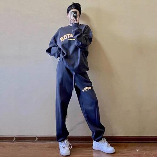 Lazy style fashionable casual sportswear suit for women's autumn loose sweater coat for sweatpants, leg tight pants, two-piece set