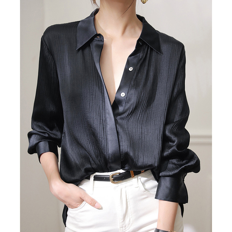 French-Style Women's Long-Sleeve Shirt with High-End Pleats, Elegant Solid Color Blouse, 2026 Early Spring New Slim-Fit Top