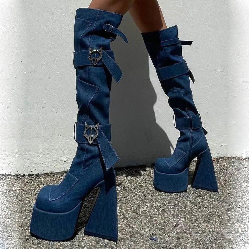 2022 Miller cross-border foreign trade new high heel chunky heel platform over the knee denim plus size women's boots