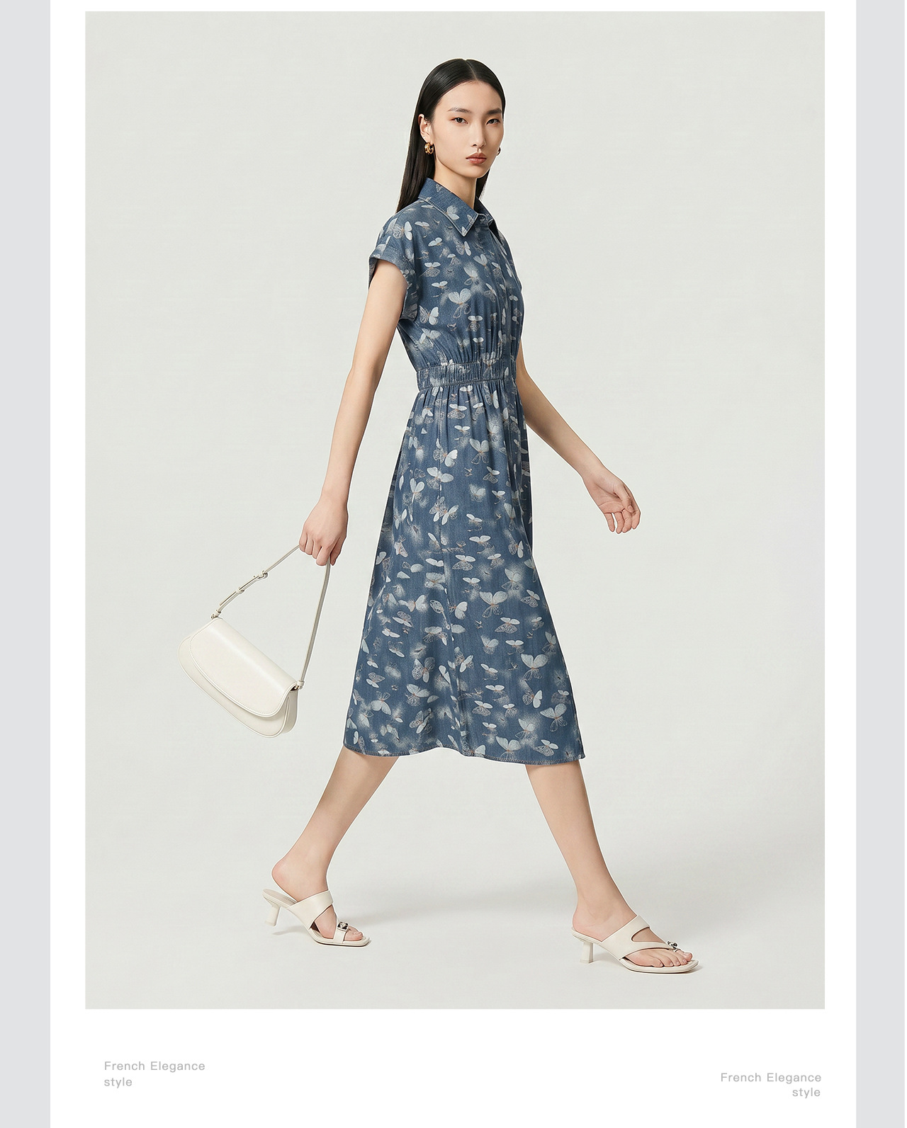 Đầm maxi nữ in họa tiết hoa bướm chất denim nhẹ thắt eo — Cao bồi xanh chi tiết 8