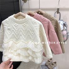 韩版女童公主花边拼接毛衣秋冬装新款加厚保暖针织衫儿童套头外贸
