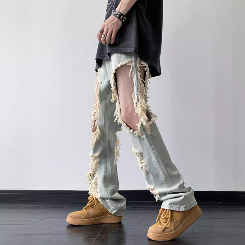 American-style high street vibe pants knee big hole jeans men's summer thin yellow mud beggar style straight pants