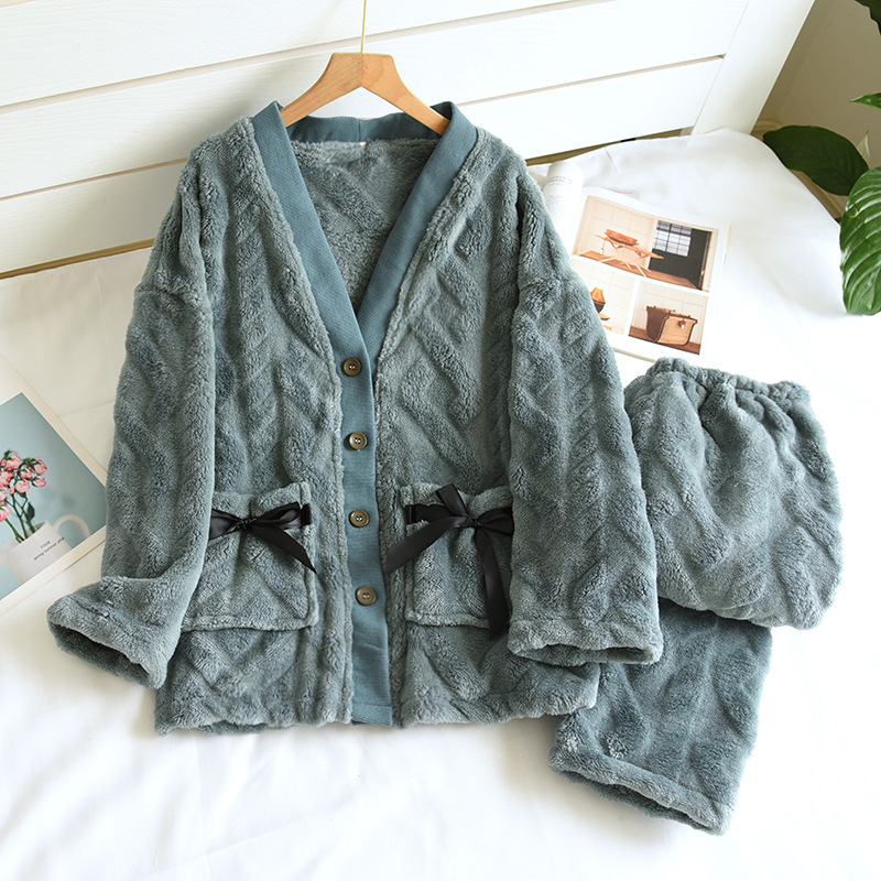 ZFQ女墨緑色ネジ切り花-フランネルVネックパジャマカバー